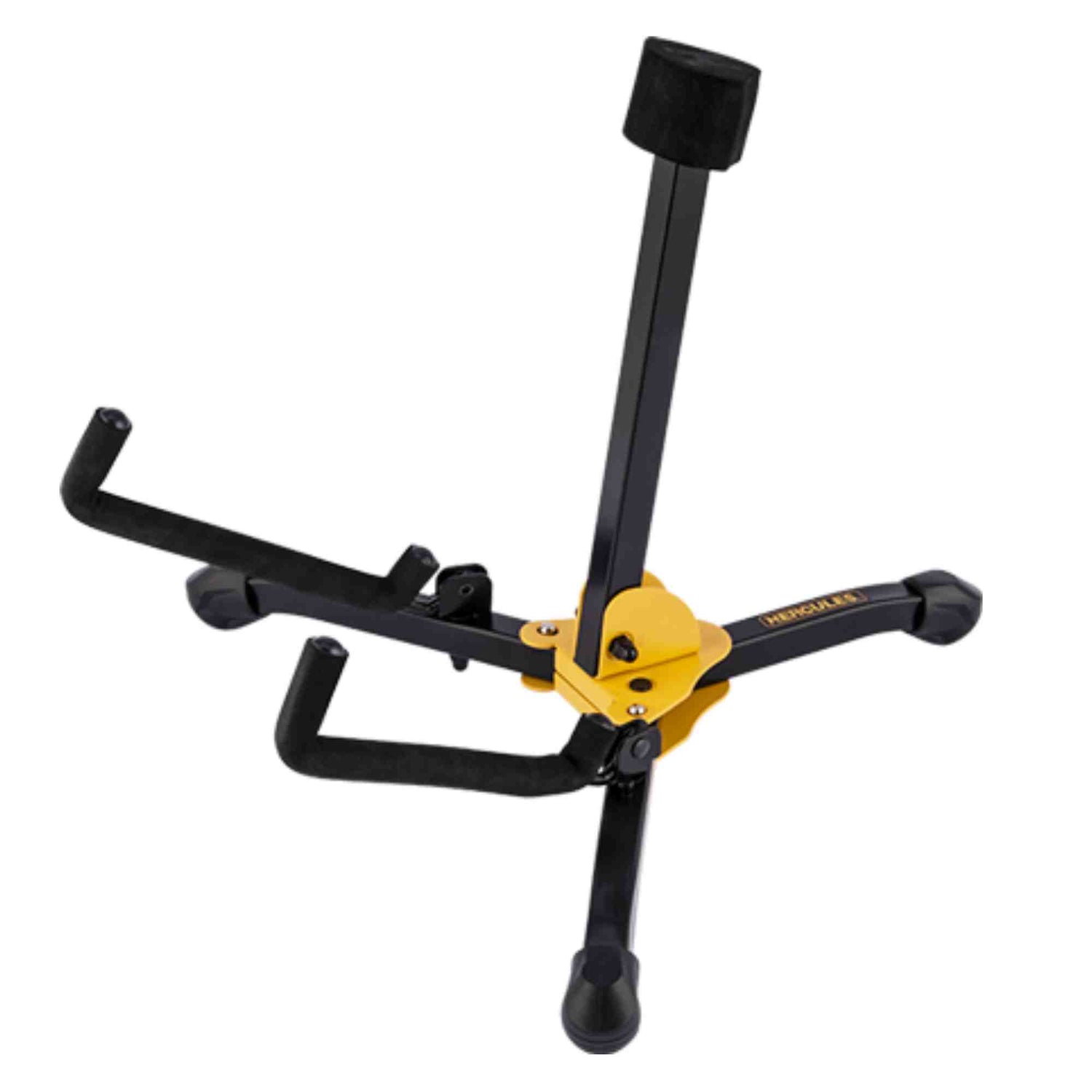 The image shows a tripod-style guitar stand with a black metal frame and a yellow-orange central hub. It has three foldable legs with protective caps for stability and floor protection, plus a padded vertical support to cradle a guitar neck. Designed to safely hold acoustic or electric guitars, it keeps instruments accessible and secure while being portable for transport to gigs or rehearsals.