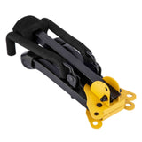 The image shows a guitar neck holder with a black padded cradle and a bright yellow/gold adjustable mounting bracket. It has holes for attaching to a workbench or stand. This accessory securely supports the guitar neck during maintenance or repairs, protecting the instrument’s finish while allowing hands-free work by guitar technicians, luthiers, or musicians.