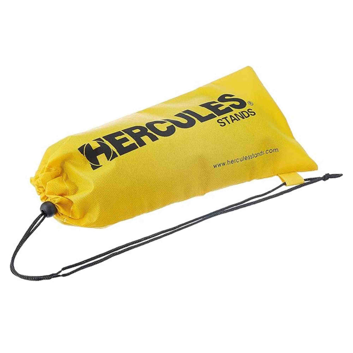 The image shows a bright yellow Hercules Stands carrying bag made of durable nylon, featuring the "HERCULES STANDS" logo and website in black. It has black drawstring closures for secure transport. Designed to protect and carry music or microphone stands, the bag helps prevent damage and is easily recognizable, ideal for musicians moving equipment between venues or storage.
