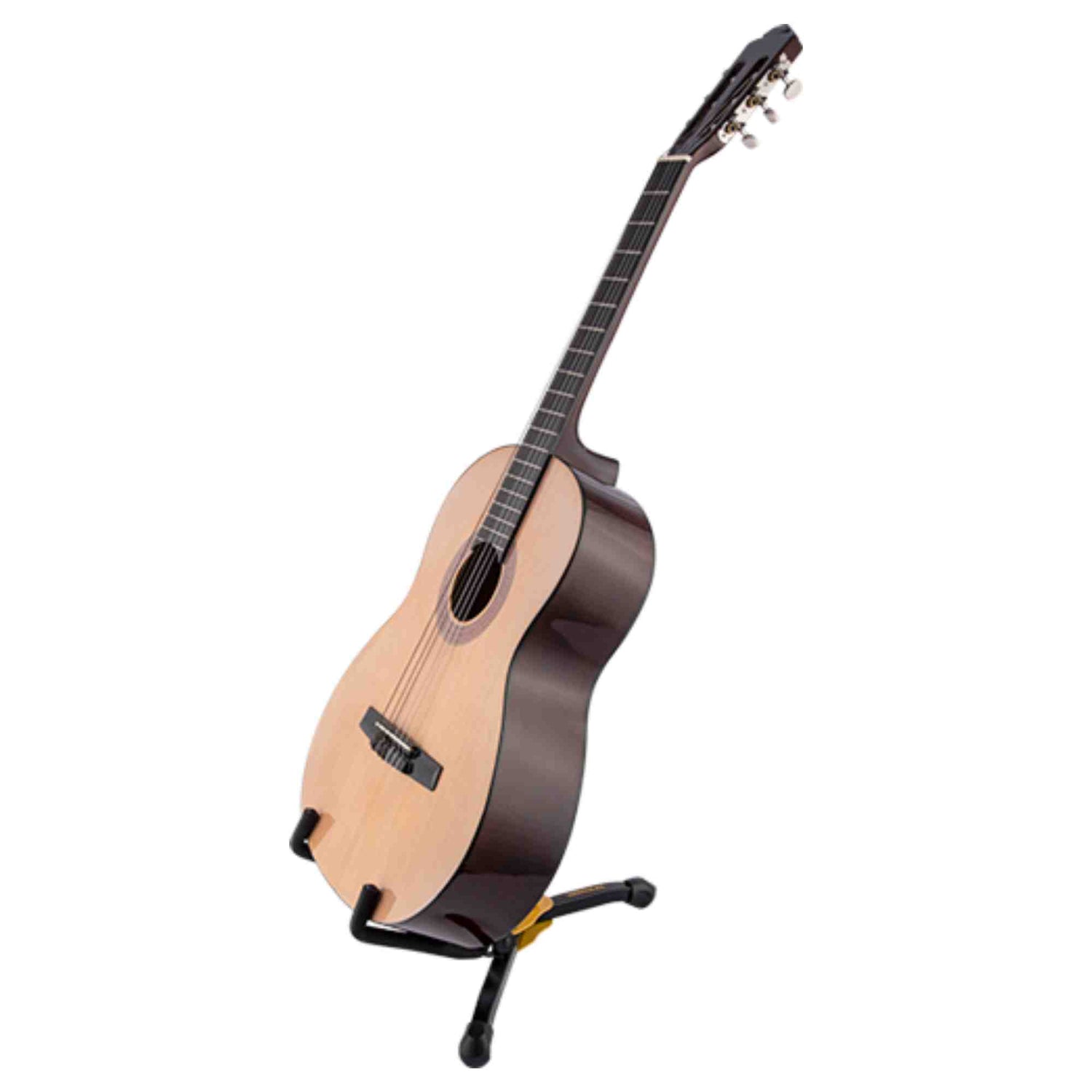 The image shows a classical acoustic guitar on a black tripod stand against a white background. The guitar has a natural light wood spruce or cedar top, darker rosewood or mahogany back and sides, a round sound hole, nylon strings, and a dark wooden neck and headstock with standard tuning pegs. This nylon-string guitar is typical for classical, flamenco, folk, and fingerstyle music.