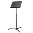 Black adjustable music stand on a white background