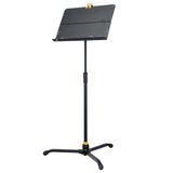 Black adjustable music stand on a white background
