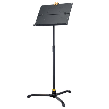 Black adjustable music stand on a white background