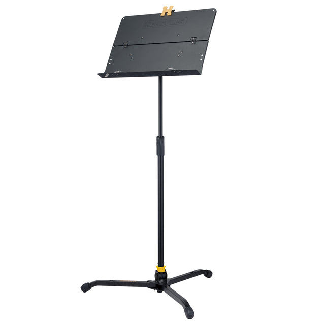 Black adjustable music stand on a white background