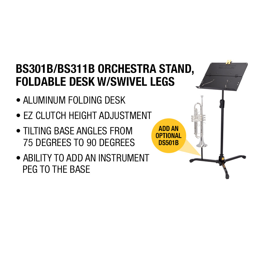 Music stand with foldable desk and swivel legs on a white background