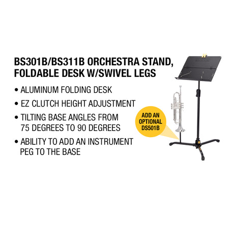 Music stand with foldable desk and swivel legs on a white background