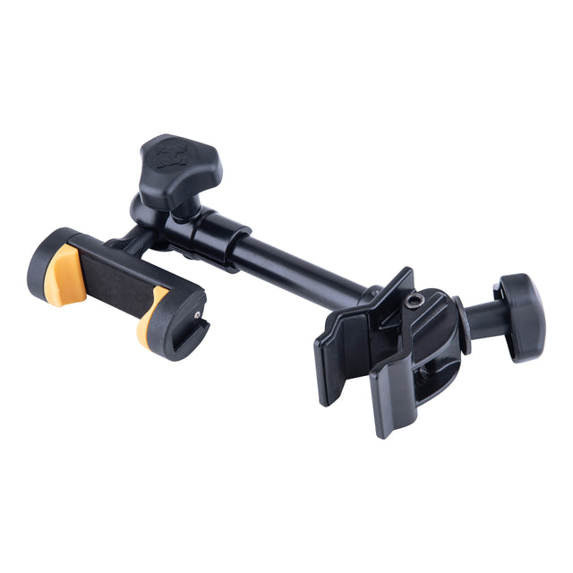 A black cellphone holder with clamp on a white background