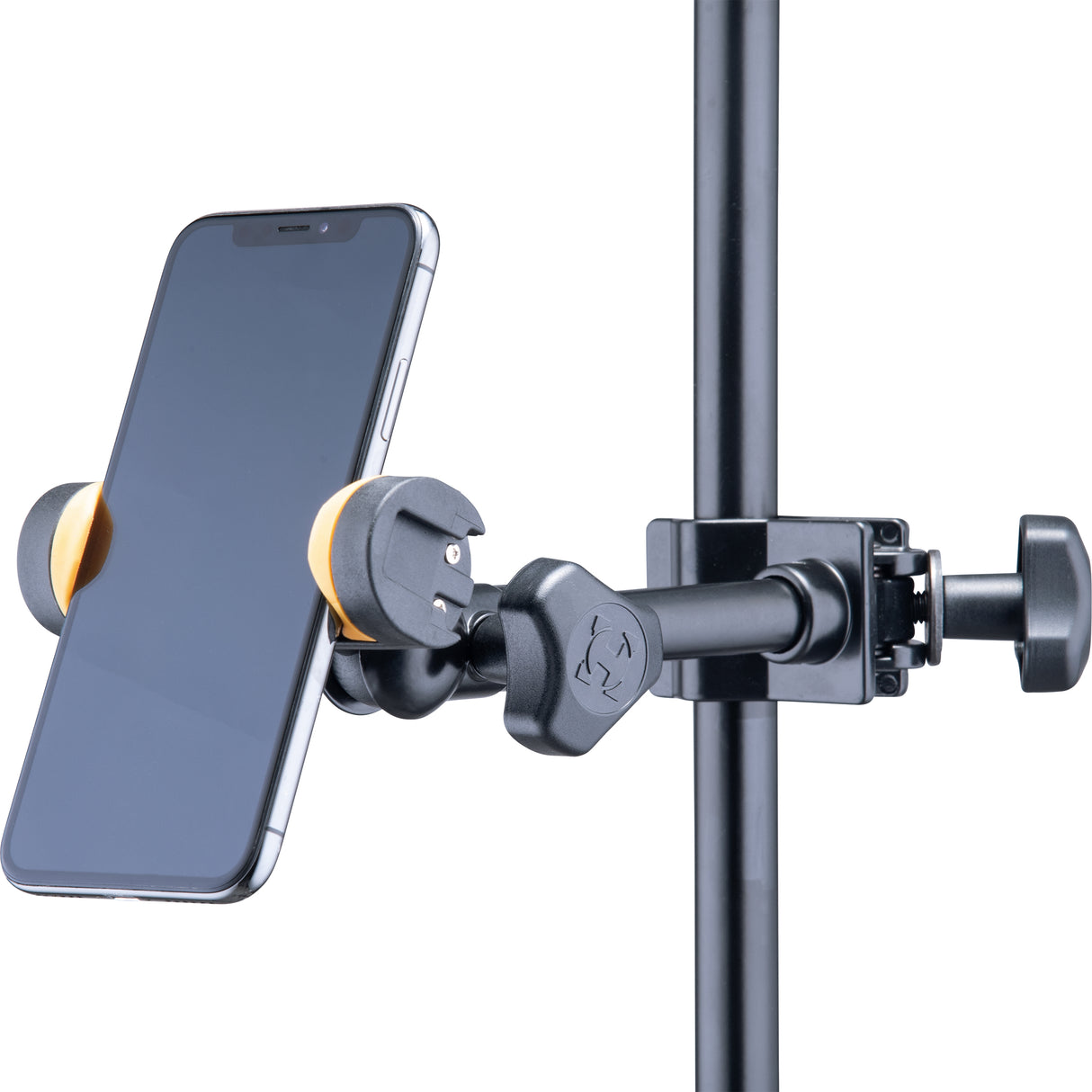 A cellphone holder mounted on a black pole on a white background