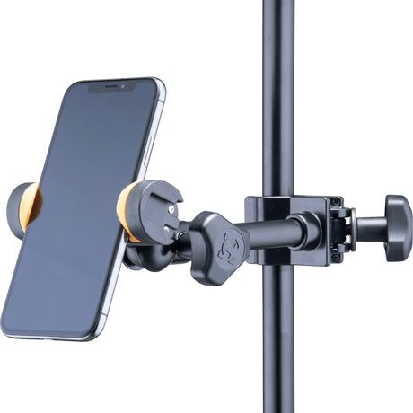 A cellphone holder mounted on a black pole on a white background