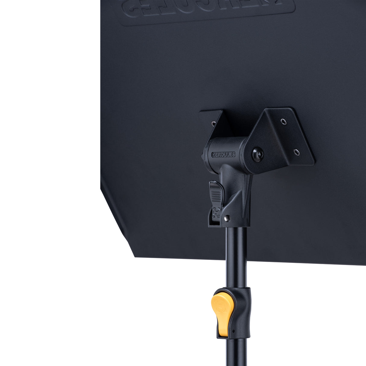 Back of a Hercules music stand showing the desk and quick adjuster
