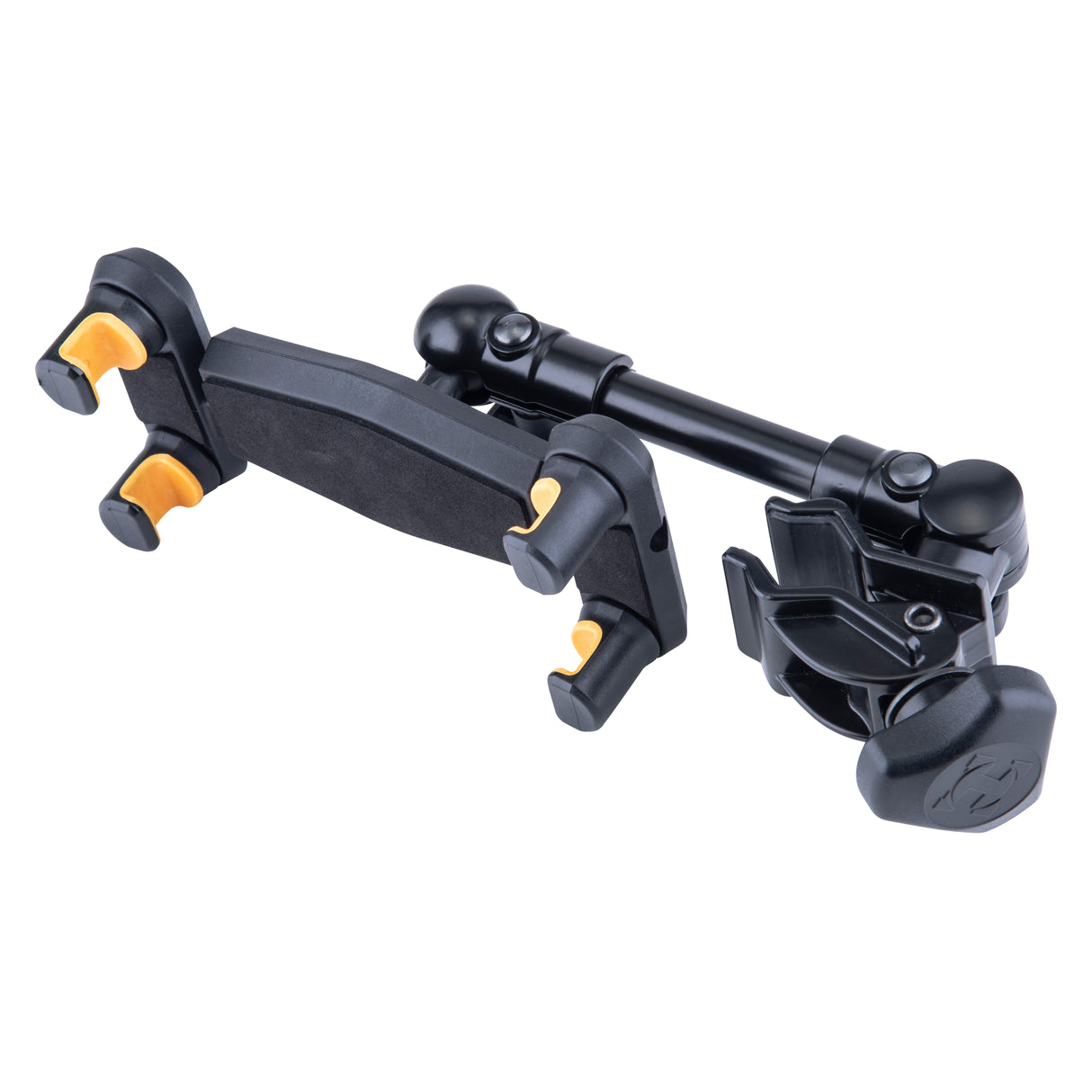 A black clamp-on style holder for cellphones and tablets
