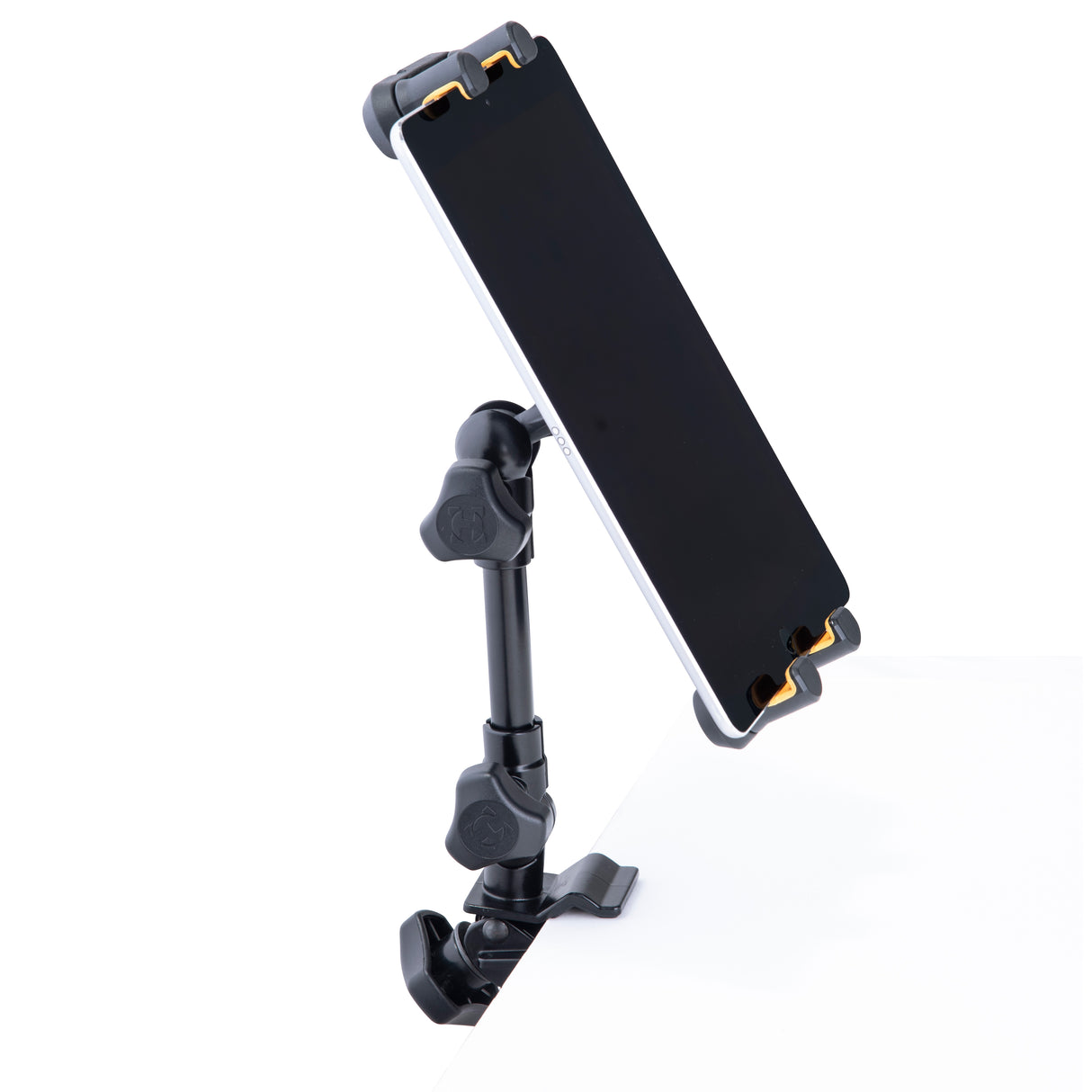 Tablet holder with adjustable arm on a white background