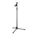 A black tripod stand with a tablet holder