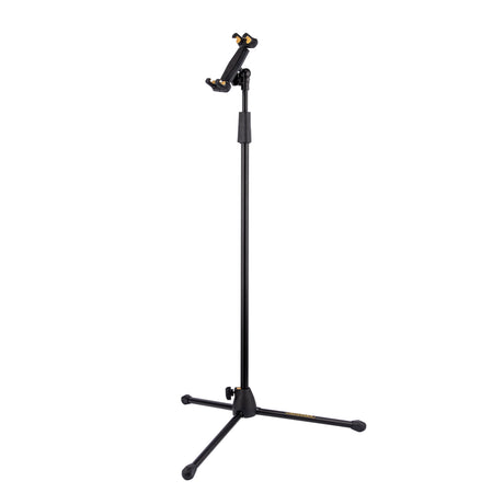 A black tripod stand with a tablet holder