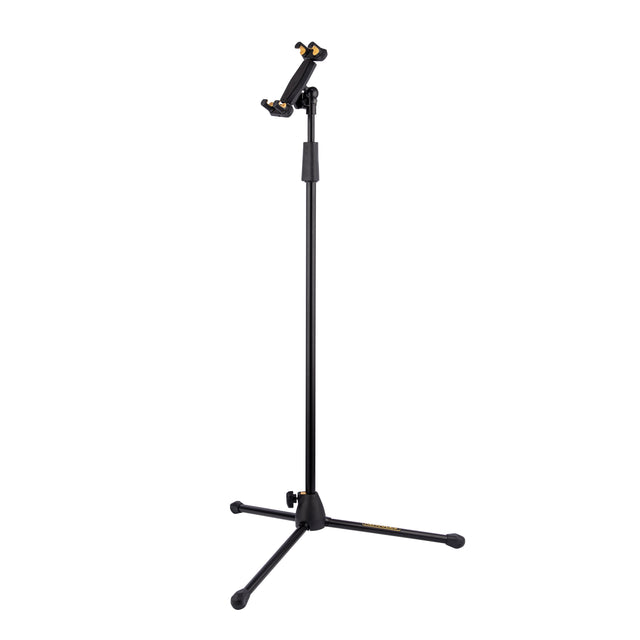 A black tripod stand with a tablet holder