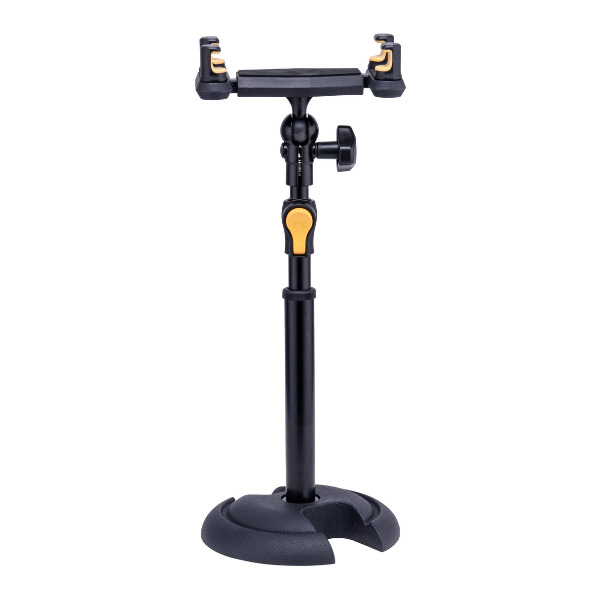 Black and yellow adjustable phone stand on a white background