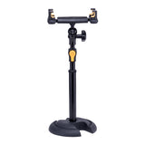 Black and yellow adjustable phone stand on a white background