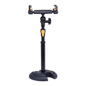 Black and yellow adjustable phone stand on a white background