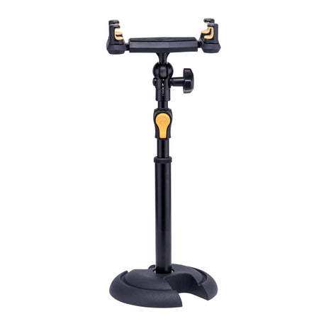 Black and yellow adjustable phone stand on a white background