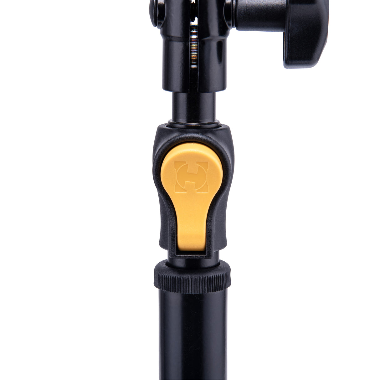 A black stand with a yellow adjustment button on a white background