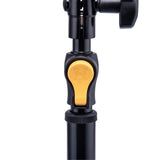 A black stand with a yellow adjustment button on a white background