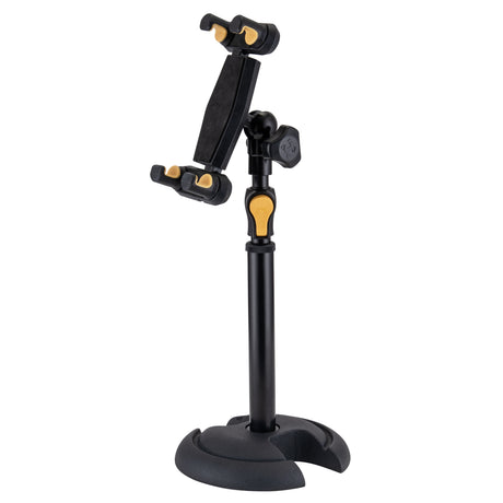 A black and yellow stand with a tablet/smartphone holder