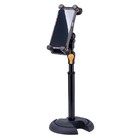 Phone holder with a black stand and gold accents on a white background