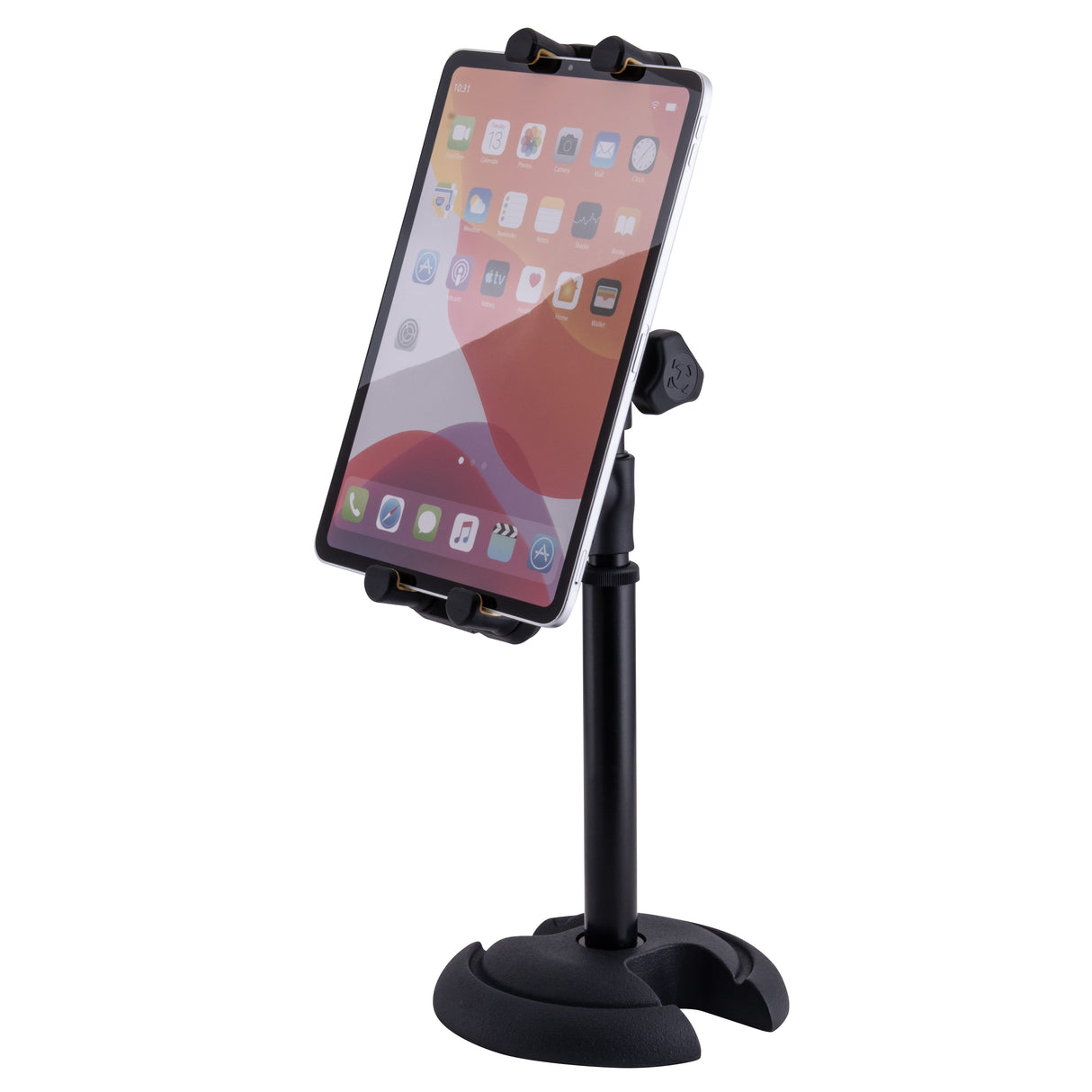 Tablet holder with a tablet displaying a home screen on a white background
