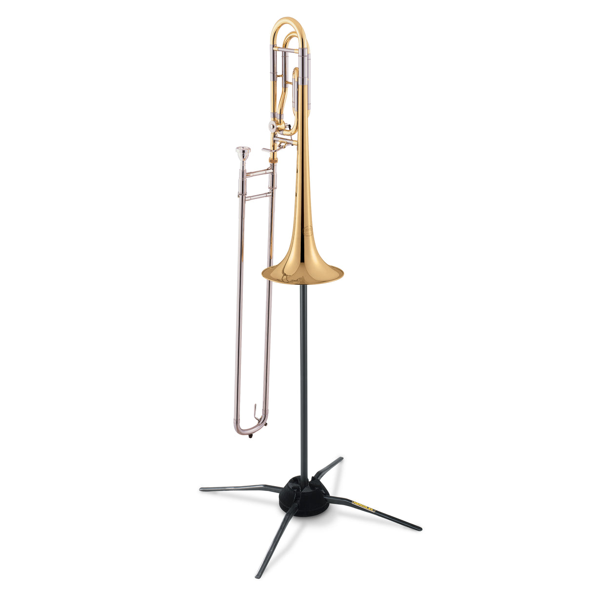 Trombone resting on a black trombone stand on a white background