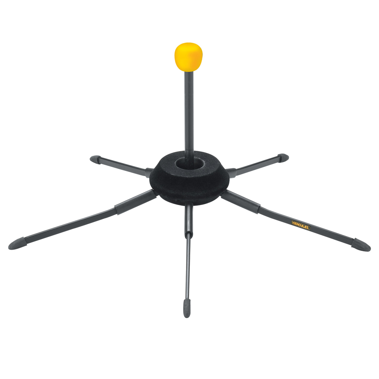 Black adjustable stand with a yellow ball on a white background