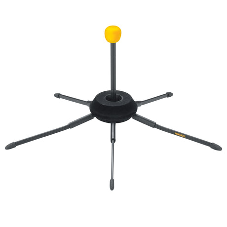 Black adjustable stand with a yellow ball on a white background