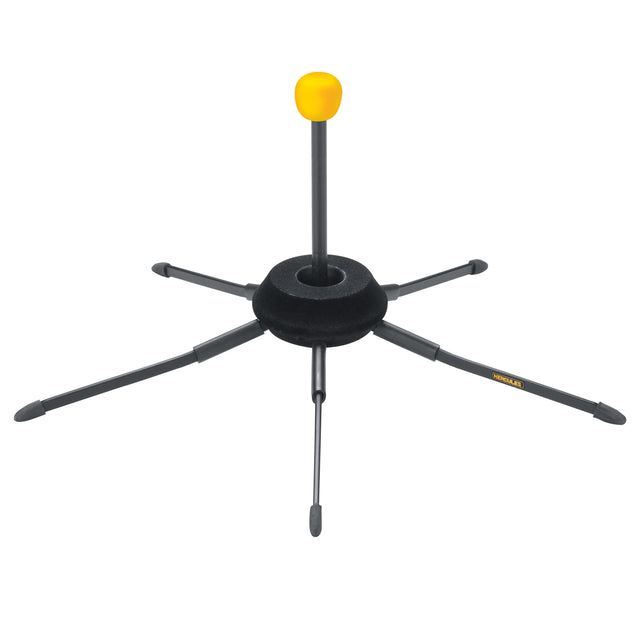 Black adjustable stand with a yellow ball on a white background