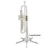 Silver trumpet on a stand with 'Trumpet Not Included' text on a white background