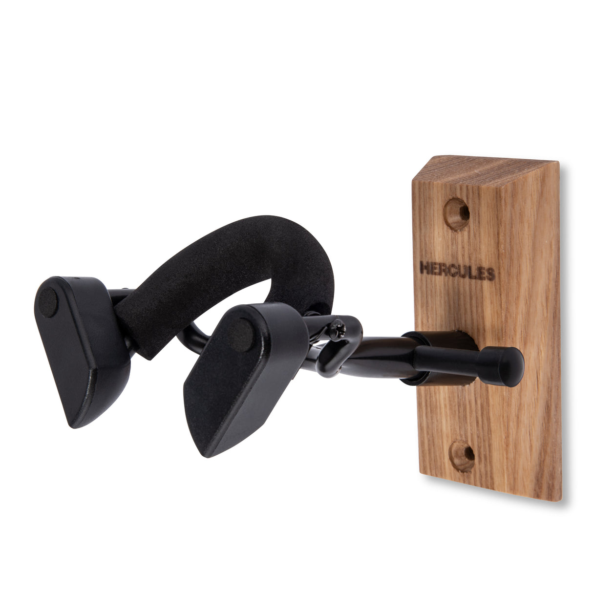 A black violin hanger with a wood base on a white background