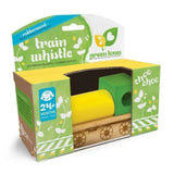 Boxed train whistle toy with green and yellow design on a white background