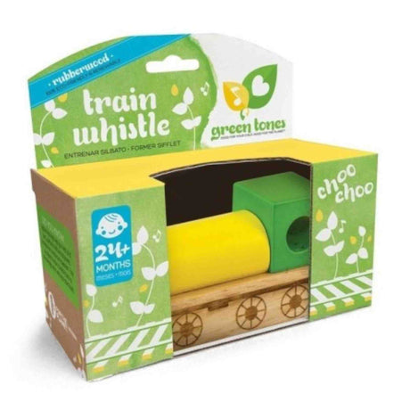 Boxed train whistle toy with green and yellow design on a white background