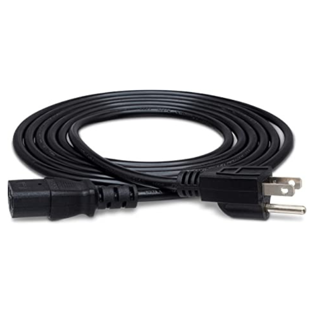The image shows a black power cable with a three-prong plug on one end and an IEC (kettle lead) connector on the other. Commonly used in the music industry, it powers equipment like amplifiers, audio interfaces, mixing consoles, monitors, effects processors, digital pianos, and PA systems. This essential accessory ensures reliable electrical connections for various electronic musical instruments and audio gear.