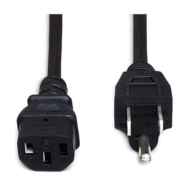 The image shows a power cable with an IEC C13/C14 connector and a standard AC plug, commonly used in the music industry to power electronic instruments and equipment like keyboards, amplifiers, mixers, pedals, drum machines, and studio monitors. This essential accessory connects musical gear to electrical outlets, ensuring reliable operation during practice, recording, and performances.
