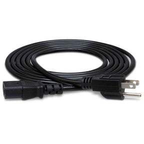 The image shows a black AC power cable with a standard electrical plug on one end and a figure-8 (C7/C8) IEC connector on the other. Commonly used in the music industry, this cable powers gear like guitar amps, keyboards, audio interfaces, effects pedals, mixers, studio monitors, and digital pianos. It features quality strain relief at both ends, making it durable for frequent use in live and studio settings.