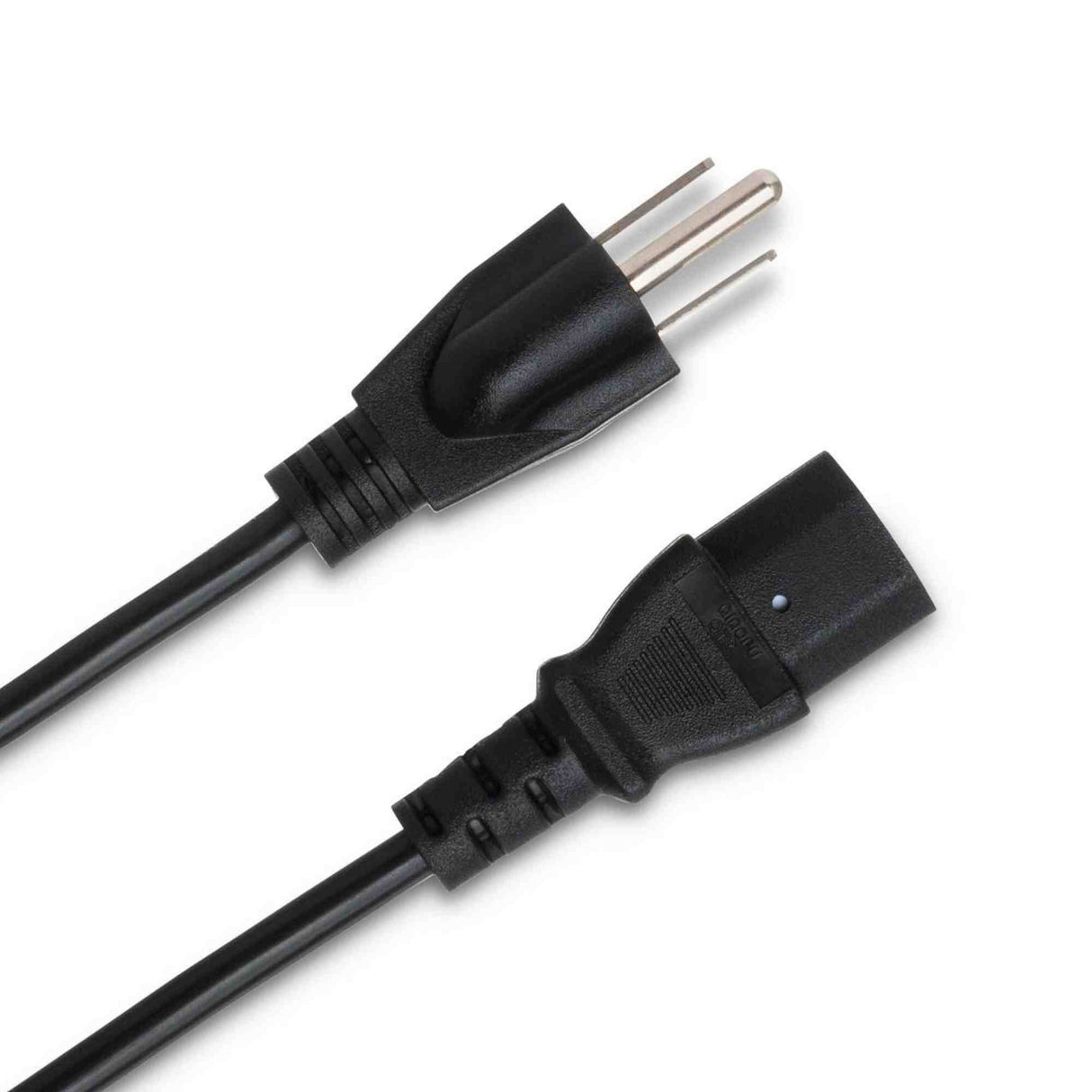 The image shows a standard black electrical power cable with a male three-prong grounded plug on the left and a female socket on the right, connected by a black cable. This general-purpose power cord can be used for various electronic devices, including musical equipment like amplifiers or keyboards, but it is not specifically a musical instrument accessory.