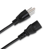 The image shows a standard black electrical power cable with a male three-prong grounded plug on the left and a female socket on the right, connected by a black cable. This general-purpose power cord can be used for various electronic devices, including musical equipment like amplifiers or keyboards, but it is not specifically a musical instrument accessory.