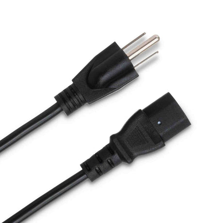 The image shows a standard black electrical power cable with a male three-prong grounded plug on the left and a female socket on the right, connected by a black cable. This general-purpose power cord can be used for various electronic devices, including musical equipment like amplifiers or keyboards, but it is not specifically a musical instrument accessory.