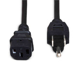 The image shows a black power cable with an IEC C13 female connector on the left and a standard three-prong electrical plug on the right. Commonly used in the music industry, this cable powers audio amplifiers, mixing consoles, speakers, keyboards, effects processors, and studio gear, providing a reliable AC connection for various electronic musical instruments and equipment.