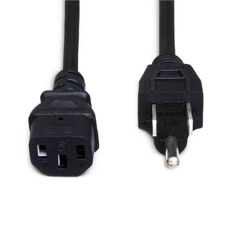 The image shows a black power cable with an IEC C13 female connector on the left and a standard three-prong electrical plug on the right. Commonly used in the music industry, this cable powers audio amplifiers, mixing consoles, speakers, keyboards, effects processors, and studio gear, providing a reliable AC connection for various electronic musical instruments and equipment.