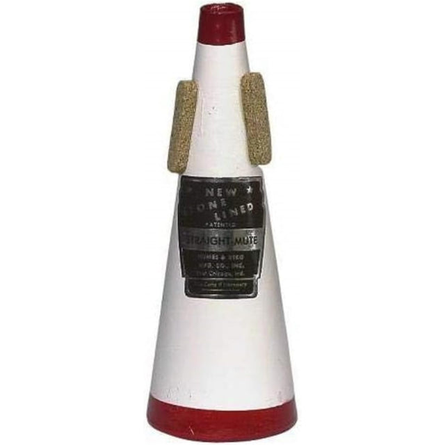 The image shows a cone-shaped straight trumpet mute made of white material with red trim on top and bottom. It has two cork strips on the sides to secure it inside the trumpet bell. A black label reads "NEW STONE LINED" and "STRAIGHT MUTE," indicating a professional mute that alters the trumpet’s tone by creating a focused, nasal sound and reducing volume, commonly used for practice and performance.