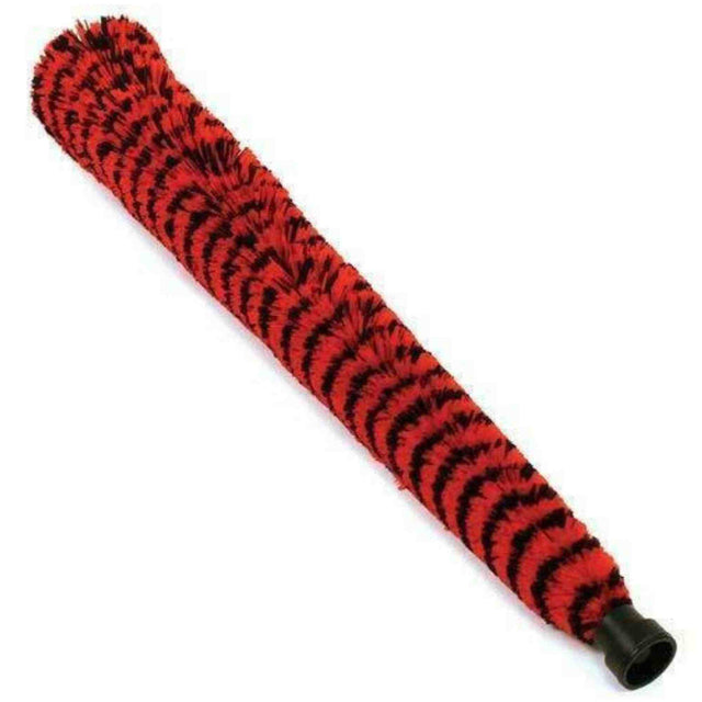The image shows a long, flexible cleaning brush with dense red and black bristles and a black handle. Designed for woodwind instruments like flutes, piccolos, clarinets, and oboes, it fits inside the instrument’s bore to remove moisture and debris. This essential maintenance tool helps preserve sound quality, prevent damage, and ensure hygiene for wind instruments.