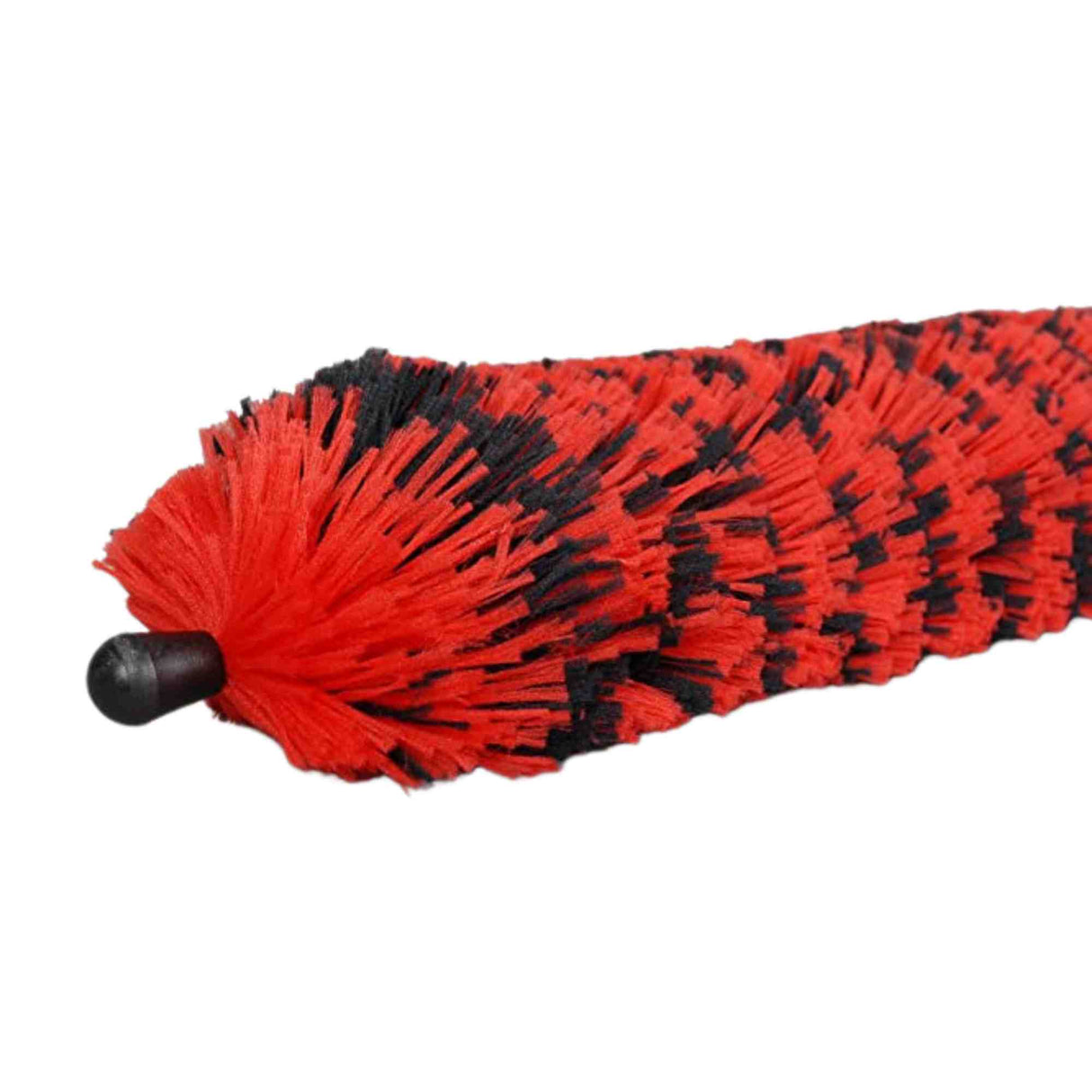 The image shows a drum brush, a specialized percussion stick with a black handle and red-black thin wire bristles fanned out. Used mainly in jazz and blues, it creates softer, subtle sounds and swishing effects on drums. The adjustable bristles allow for varied texture and dynamics, making it ideal for quieter passages and adding nuance compared to traditional drumsticks.
