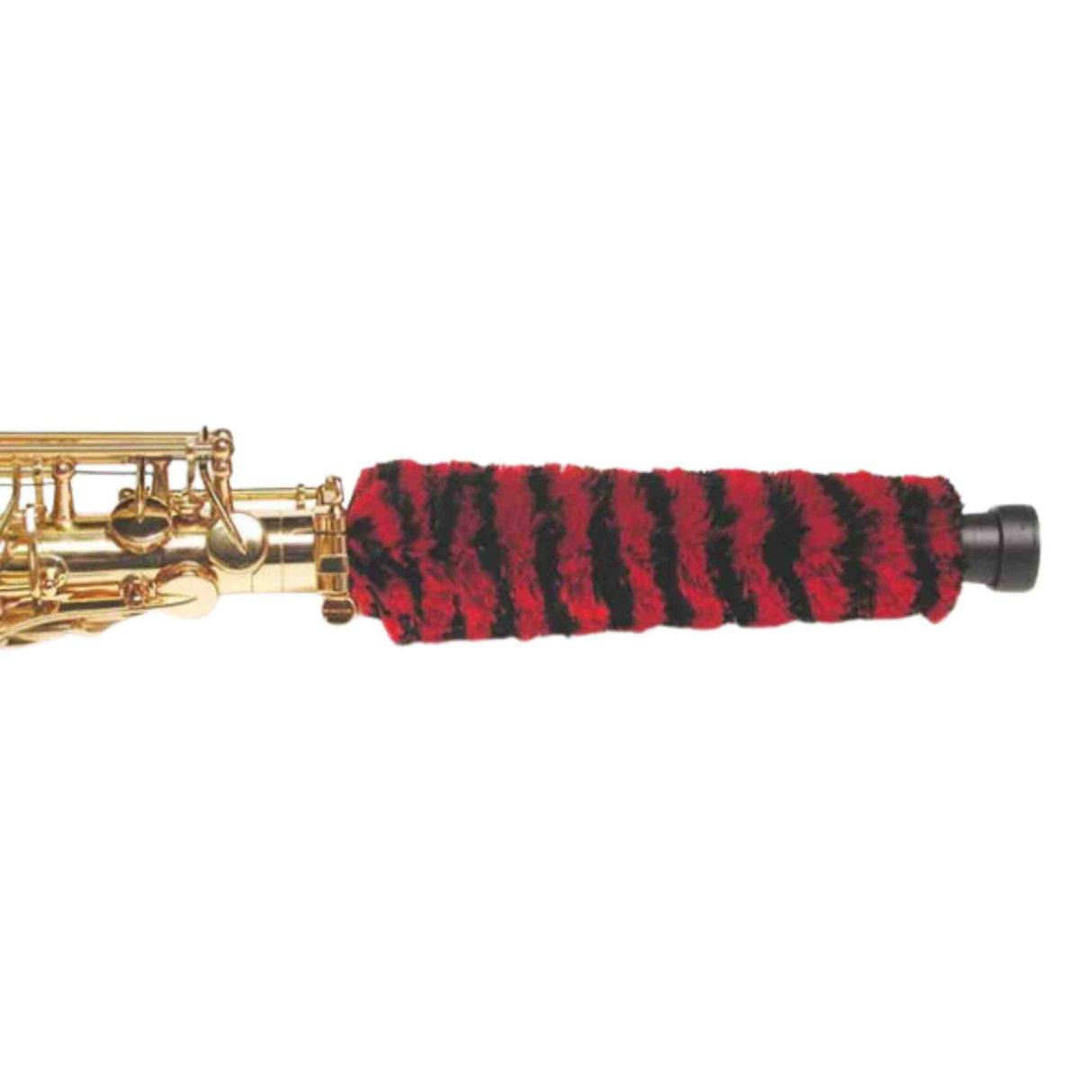 The image shows a brass saxophone with a red and black striped cleaning swab inserted inside. The swab, made of fuzzy terry cloth, features a black pull tab for easy removal. This essential accessory helps absorb moisture and clean the instrument’s interior after playing, combining functionality with a visually appealing design that prevents it from getting lost inside the saxophone.