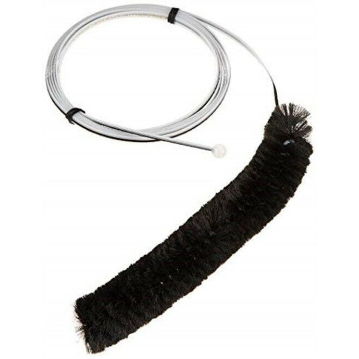 The image shows a musical instrument cleaning brush designed for wind instruments like saxophones, clarinets, and flutes. It features a long, flexible wire cable with a black bristle brush at one end for scrubbing the interior. The wire is coiled and secured with black bands. This essential tool helps remove moisture and debris from inside curved tubing, maintaining sound quality and instrument longevity.