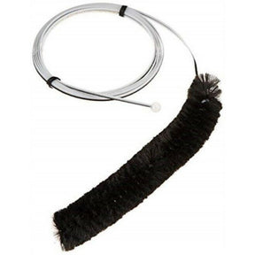 The image shows a musical instrument cleaning brush designed for wind instruments like saxophones, clarinets, and flutes. It features a long, flexible wire cable with a black bristle brush at one end for scrubbing the interior. The wire is coiled and secured with black bands. This essential tool helps remove moisture and debris from inside curved tubing, maintaining sound quality and instrument longevity.